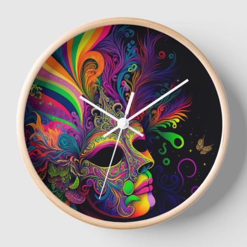 Psychedelic Mardi Gras Face Mask Clock
