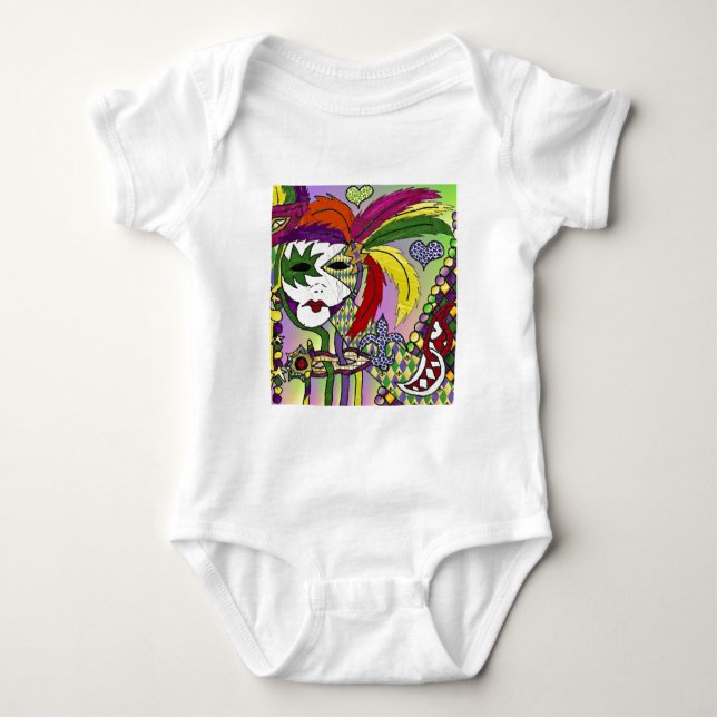 Psychedelic Mardi Gras Feather Mask Baby Bodysuit (Front)