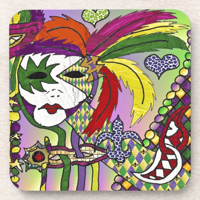 Psychedelic Mardi Gras Feather Mask Beverage Coaster (Front)