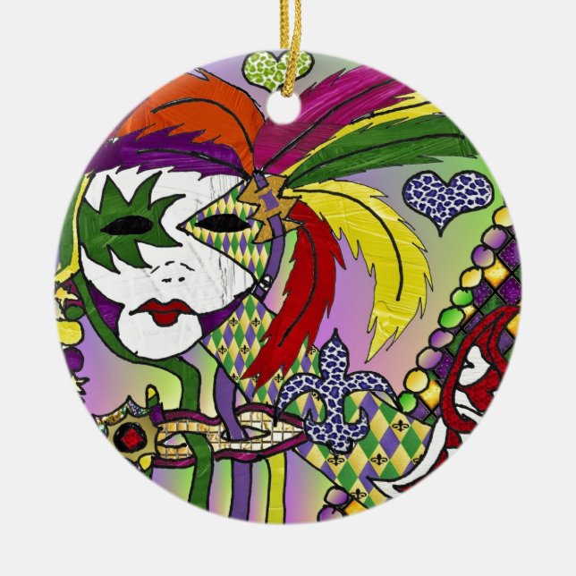 Psychedelic Mardi Gras Feather Mask Ceramic Ornament (Front)