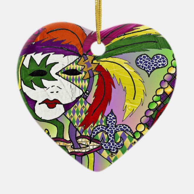 Psychedelic Mardi Gras Feather Mask Ceramic Ornament (Front)
