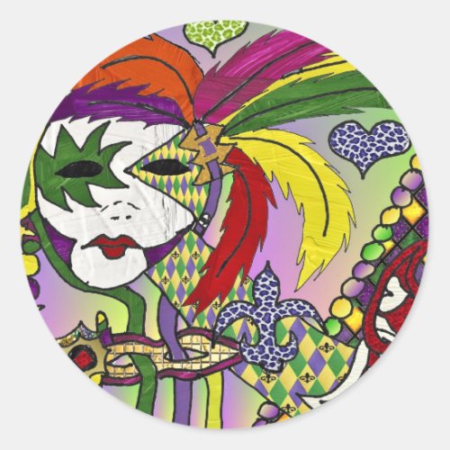Psychedelic Mardi Gras Feather Mask Classic Round Sticker