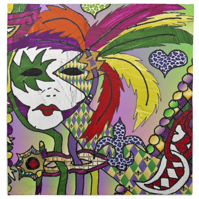 Psychedelic Mardi Gras Feather Mask Cloth Napkin (Front)