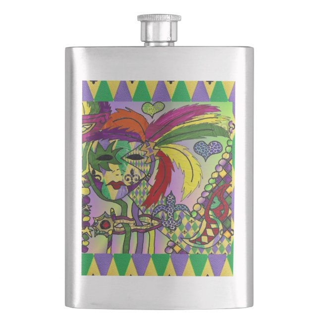 Psychedelic Mardi Gras Feather Mask Flask (Front)