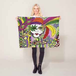 Psychedelic Mardi Gras Feather Mask Fleece Blanket
