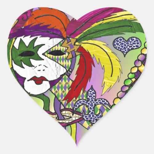Psychedelic Mardi Gras Feather Mask Heart Sticker