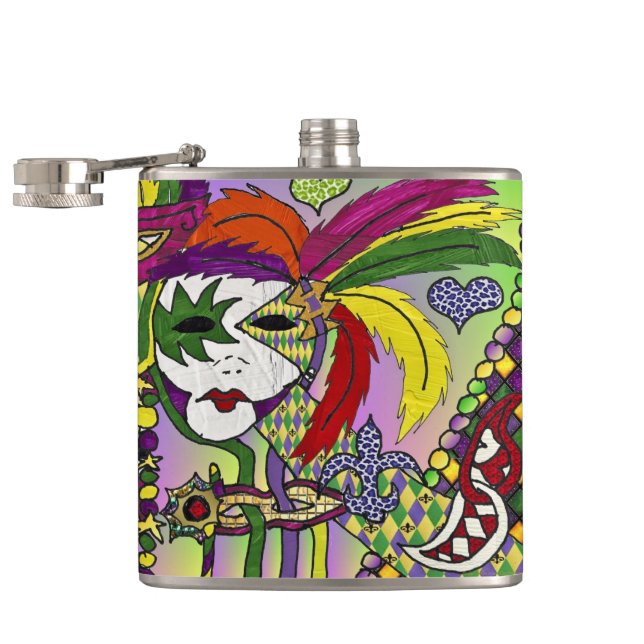 Psychedelic Mardi Gras Feather Mask Hip Flask (Opened)
