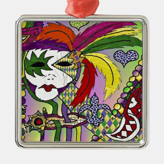 Psychedelic Mardi Gras Feather Mask Metal Ornament (Front)