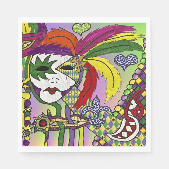 Psychedelic Mardi Gras Feather Mask Paper Napkins (Front)