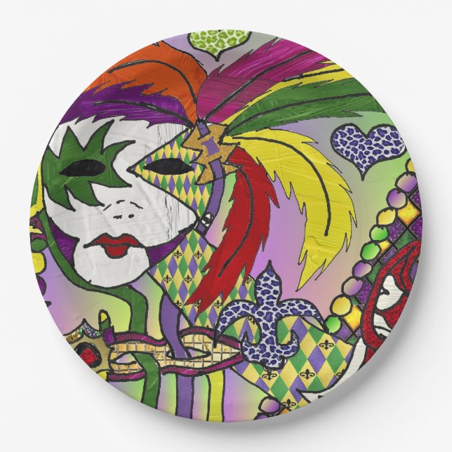 Psychedelic Mardi Gras Feather Mask Paper Plates (Front)