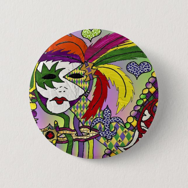 Psychedelic Mardi Gras Feather Mask Pinback Button (Front)