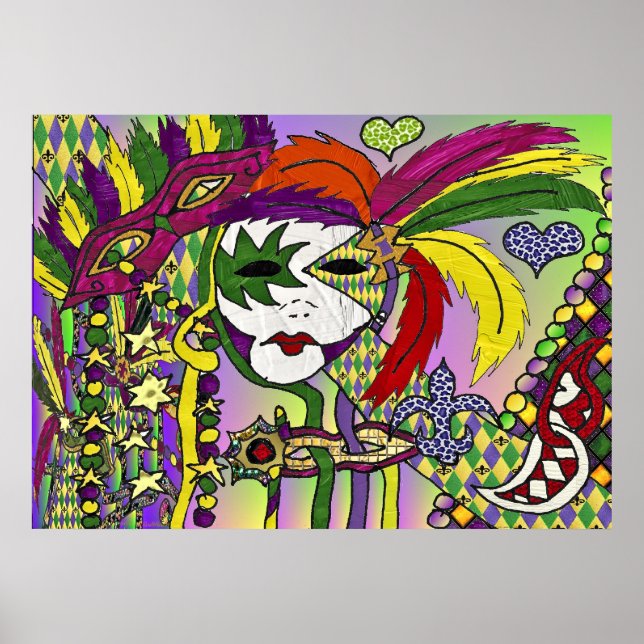 Psychedelic Mardi Gras Feather Mask Poster (Front)