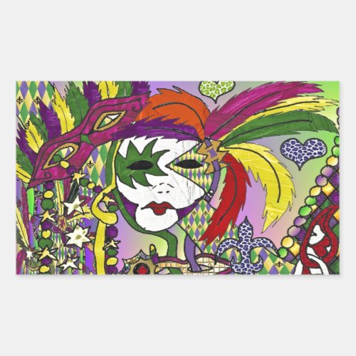Psychedelic Mardi Gras Feather Mask Rectangular Sticker