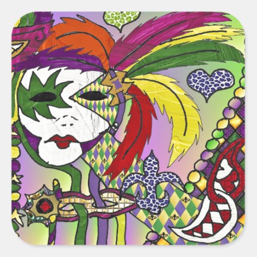 Psychedelic Mardi Gras Feather Mask Square Sticker