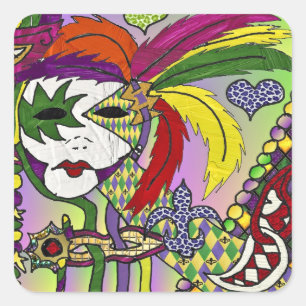 Psychedelic Mardi Gras Feather Mask Square Sticker