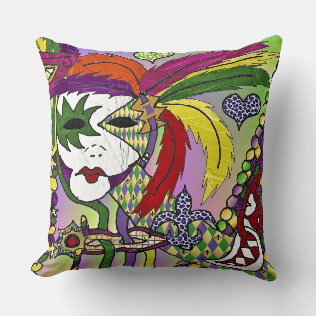 Psychedelic Mardi Gras Feather Mask Throw Pillow (Front)