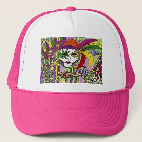 Psychedelic Mardi Gras Feather Mask Trucker Hat