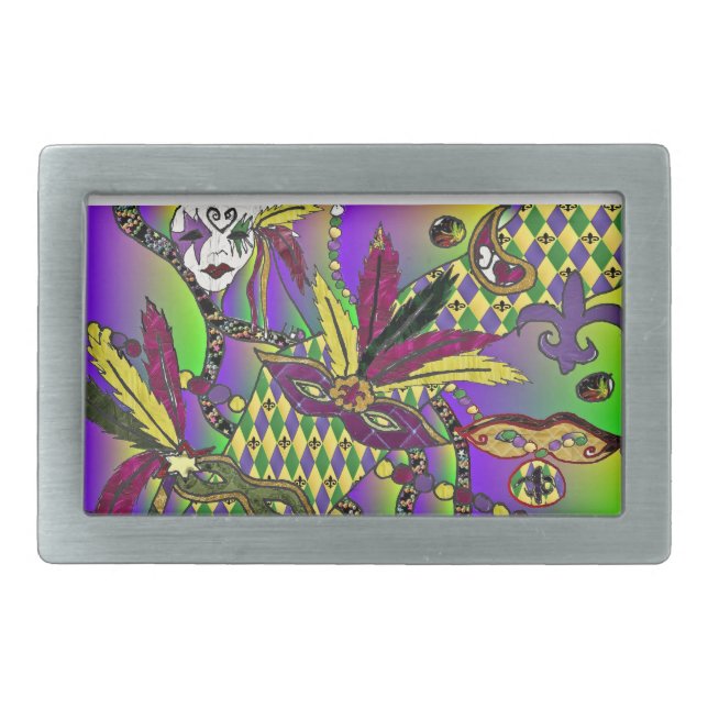 Psychedelic Mardi Gras Feather Masks Belt Buckle (Front)