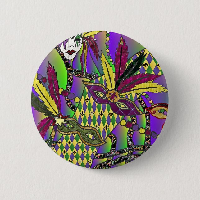 Psychedelic Mardi Gras Feather Masks Button (Front)
