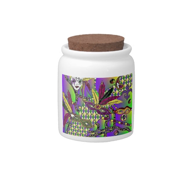 Psychedelic Mardi Gras Feather Masks Candy Jar (Front)