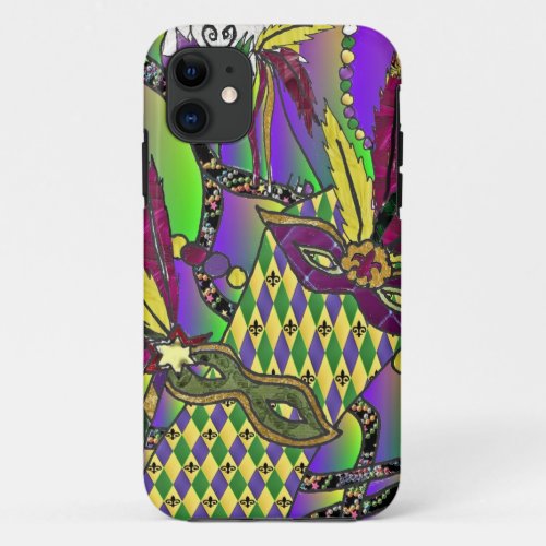 Psychedelic Mardi Gras Feather Masks iPhone 11 Case