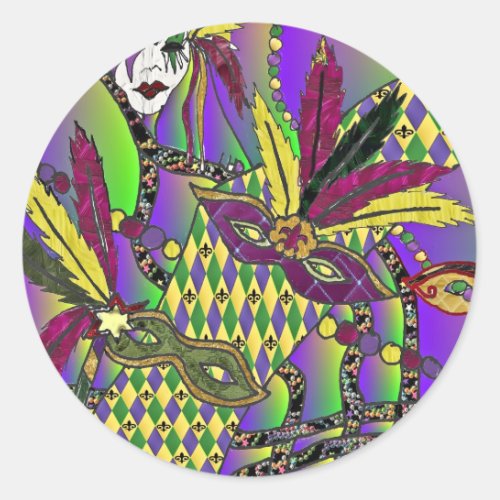 Psychedelic Mardi Gras Feather Masks Classic Round Sticker