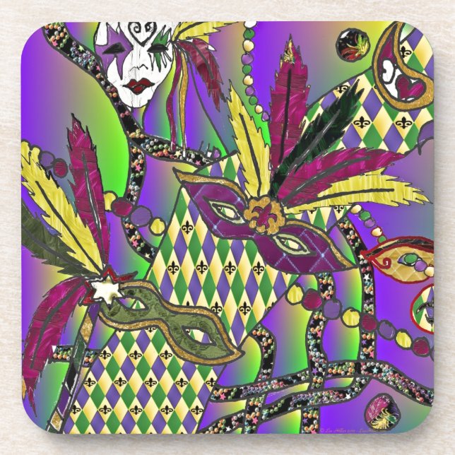 Psychedelic Mardi Gras Feather Masks Coaster (Front)