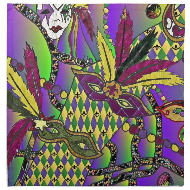 Psychedelic Mardi Gras Feather Masks Dinner Napkin (Front)