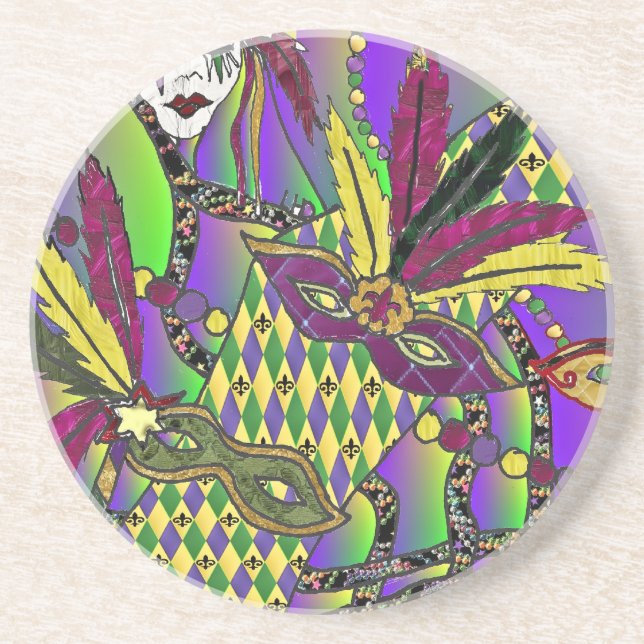 Psychedelic Mardi Gras Feather Masks Drink Coaster (Front)