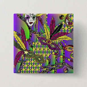 Psychedelic Mardi Gras Feather Masks Gifts Apparel Button