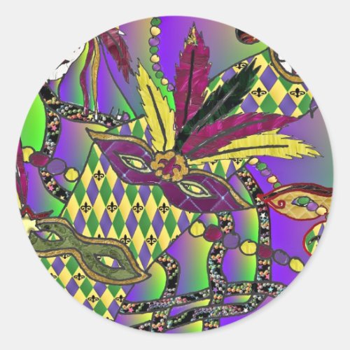 Psychedelic Mardi Gras Feather Masks Gifts Apparel Classic Round Sticker