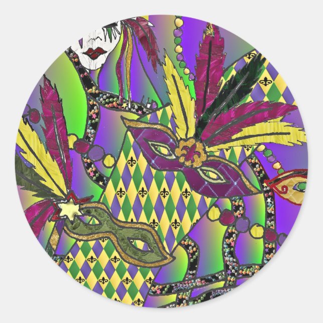 Psychedelic Mardi Gras Feather Masks Gifts Apparel Classic Round Sticker (Front)