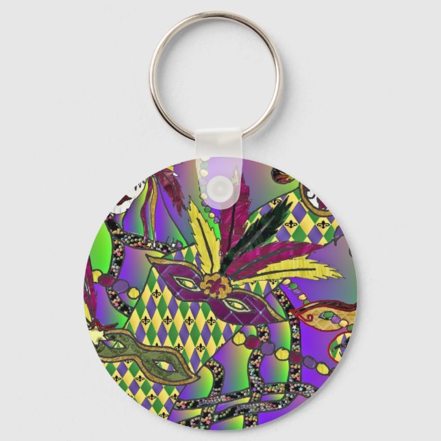 Psychedelic Mardi Gras Feather Masks Gifts Apparel Keychain (Front)