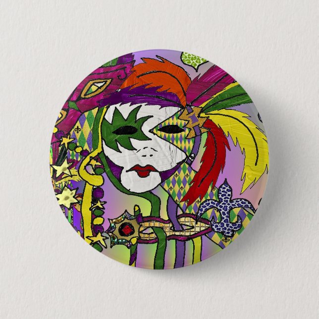 Psychedelic Mardi Gras Feather Masks Gifts Apparel Pinback Button (Front)