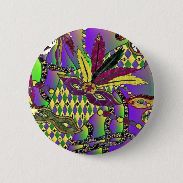 Psychedelic Mardi Gras Feather Masks Gifts Apparel Pinback Button (Front)