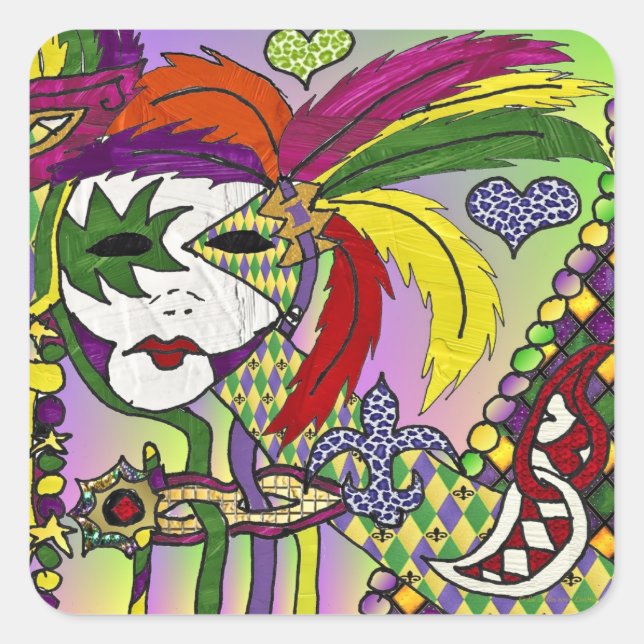 Psychedelic Mardi Gras Feather Masks Gifts Apparel Square Sticker (Front)