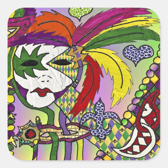 Psychedelic Mardi Gras Feather Masks Gifts Apparel Square Stickers