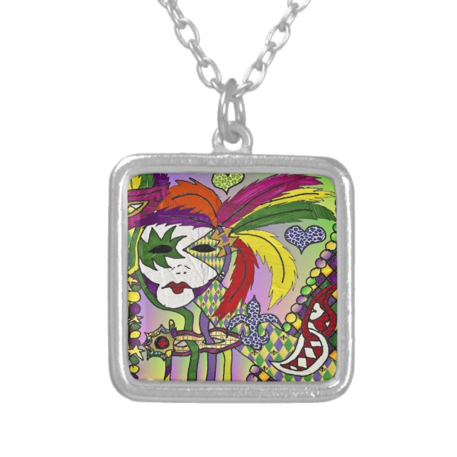Psychedelic Mardi Gras Feather Masks II Necklace (Front)