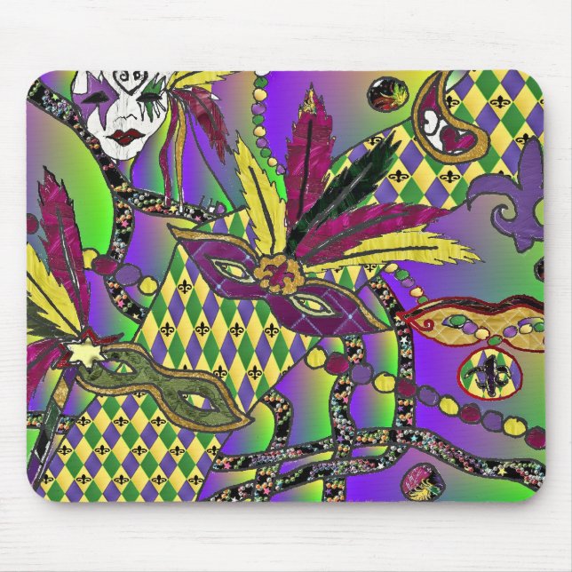 Psychedelic Mardi Gras Feather Masks Mouse Pad (Front)