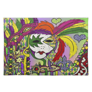 Psychedelic Mardi Gras Feather Masks Placemat