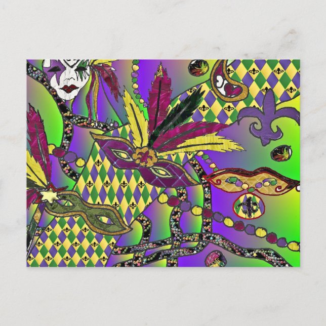 Psychedelic Mardi Gras Feather Masks Postcard (Front)