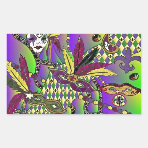 Psychedelic Mardi Gras Feather Masks Rectangular Sticker