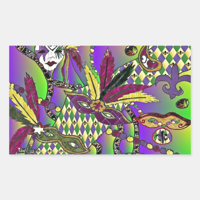 Psychedelic Mardi Gras Feather Masks Rectangular Sticker (Front)