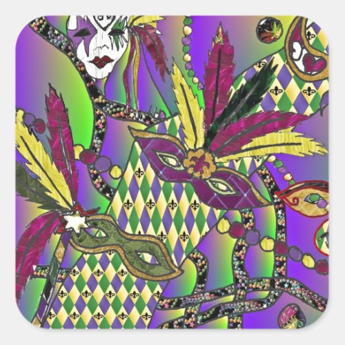 Psychedelic Mardi Gras Feather Masks Square Sticker