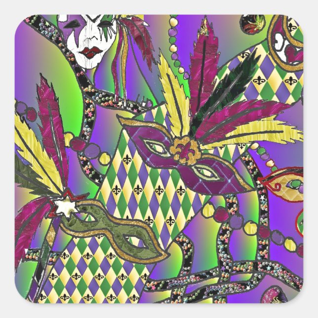 Psychedelic Mardi Gras Feather Masks Square Sticker (Front)