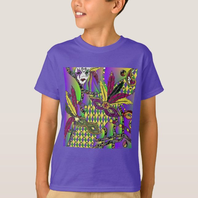 Psychedelic Mardi Gras Feather Masks T-Shirt (Front)