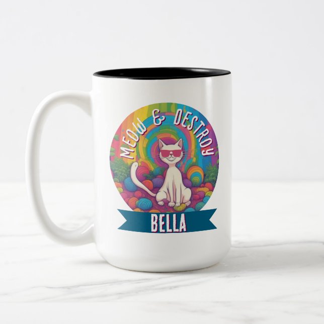 Psychedelic Meow & Destroy Personalized Cat  Two-Tone Coffee Mug (Left)
