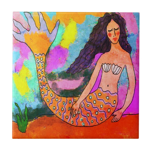 Psychedelic Mermaid Abstract Painting Ceramic Tile (Front)