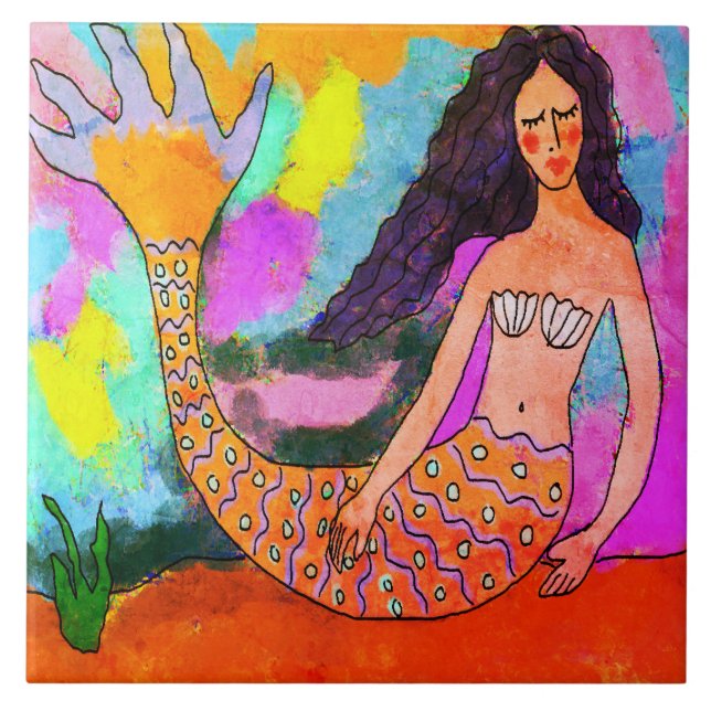 Psychedelic Mermaid Abstract Painting Ceramic Tile (Front)