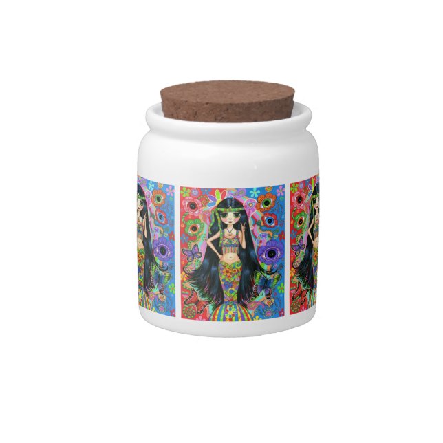 Psychedelic Mermaid Hippie Girl with Big Eyes Candy Jar (Front)